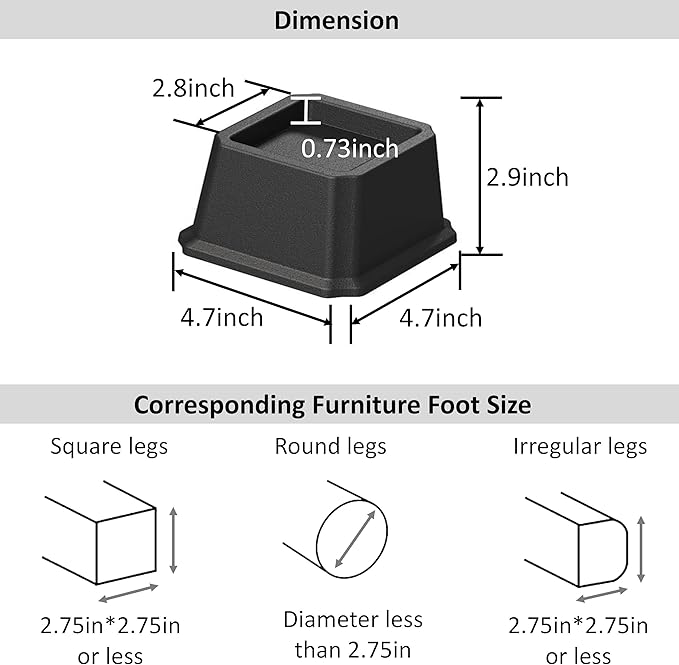 Bed Risers 2 Inch Set of 9, Heavy Duty Bed Elevators Lifts Up 2000 lbs Furniture Riser for Sofa and Table, Black