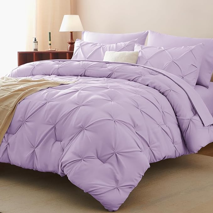 King Comforter Set Lavender, 7 Pieces Pintuck Bed in A Bag King Size Bedding, Soft Bed Set All Season Pinch Pleat Comforter Set with Sheets, Pillowcases & Shams