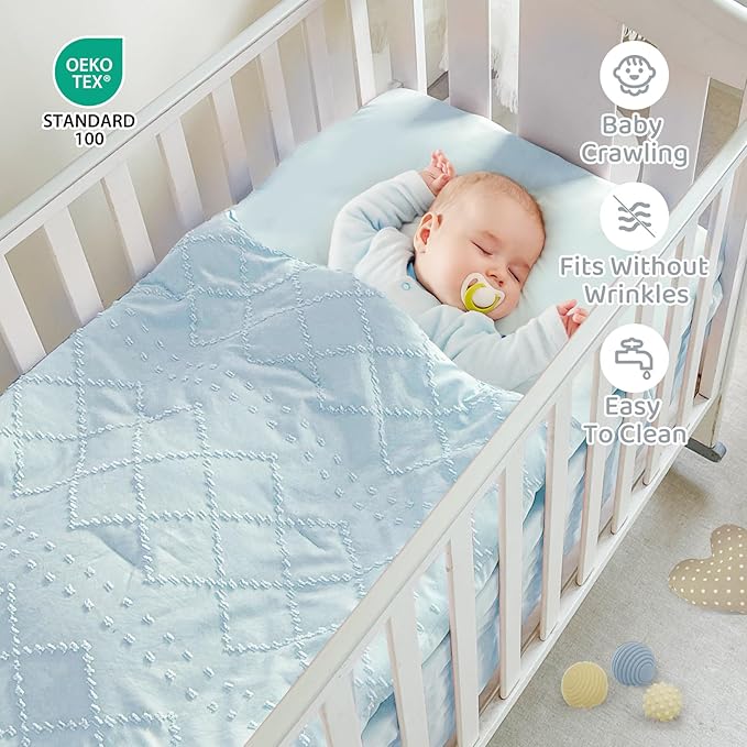 Wowelife Baby Crib Bedding Set for Girls, 3 Piece Boho Crib Comforter Set Ruffle, Baby Boy Crib Bedding Set Nursery Blanket Set Neutral Include Quilted Comforter, Crib Skirt and Sheet, Blue