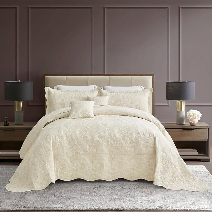 HZ & HY Oversized King Bedspread, Quilted Coverlet Bedding Set, Lightweight Thin Comforter, Reversible, Luxurious, 5 Piece, 100% Microfiber, Ivory Yellow