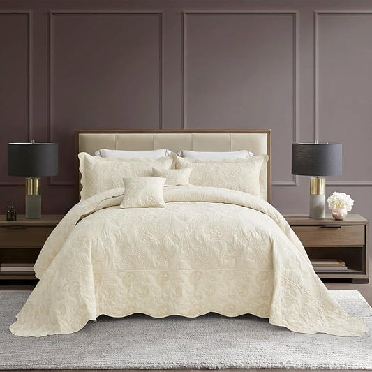 HZ & HY Oversized King Bedspread, Quilted Coverlet Bedding Set, Lightweight Thin Comforter, Reversible, Luxurious, 5 Piece, 100% Microfiber, Ivory Yellow