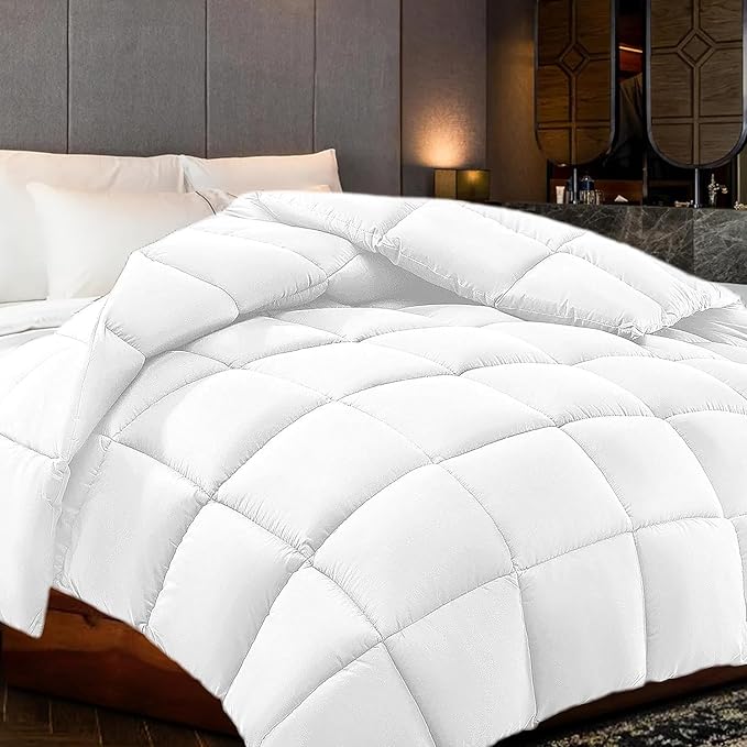 Luxury All-Season King Size 1-Piece Comforter - White Solid Pima Cotton Quilted Duvet Insert, 500 GSM, 800 TC, Ultra Fluffy with Corner Tabs