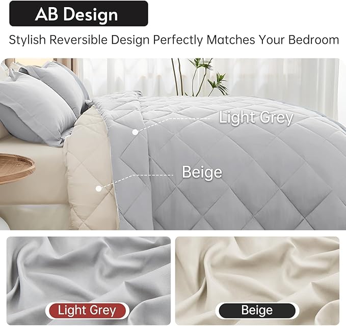 MUXHOMO 7 Pieces California King Comforter Set, Reversible Bed in a Bag Cal King Size, All Season Bedding Set with Comforter, Flat Sheet, Fitted Sheet, Pillowcases & Shams, Light Grey & Beige