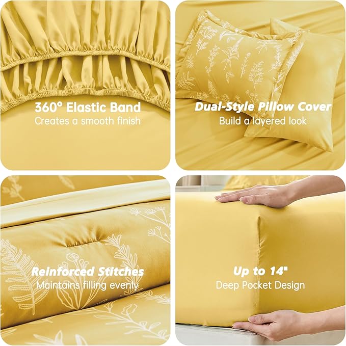 MUXHOMO Bright Yellow Full Comforter Set, Elegant Floral Print Bed in a Bag 7 Pieces, Ultra Soft & Breathable Reversible Botanical Pattern Bedding Set with Comforter, Sheets, Pillowcases, and Shams