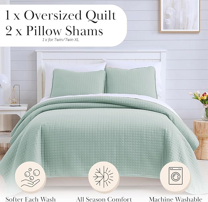 Southshore Fine Living, Inc. Twin Quilt Bedding Set, Soft Microfiber Coverlet Bedspread, Stain and Pet Hair Resistant Bedding, XL/Twin Blue Quilt Comforter Set with 1 Pillow Sham, Sky Blue