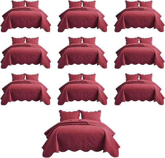 MOONLIGHT20015 10 Pack Queen Quilt Bedding Set (90" x 96") - Bulk Wholesale for Hotels, Guest Bedroom & Airbnbs - Lightweight Microfiber Reversible Floral Embossed Quilts Bedspreads (Burgundy)