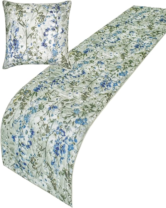The HomeCentric King/Queen/Twin Blue Decorative Bed Runner CA King 86"x18" Bed Runner with One Pillow Cover, Quilted Bed Scarf on Cotton Fabric - Garden Grace