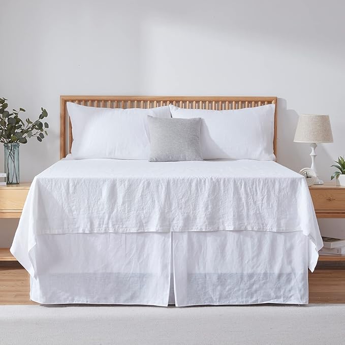 Simple&Opulence Belgian Linen Bed Skirt with Classic 22 inch Tailored Drop Dust Ruffle, Easy Fit Breathable Premium Natural Flax - Basic White, King