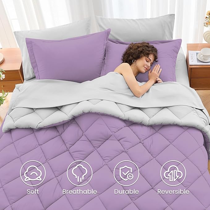 MUXHOMO 5 Pieces Twin XL Comforter Set, Reversible Bed in a Bag Twin XL Size, All Season Bedding Set with Comforter, Flat Sheet, Fitted Sheet, Pillowcases & Shams, Greyish Purple & Light Grey