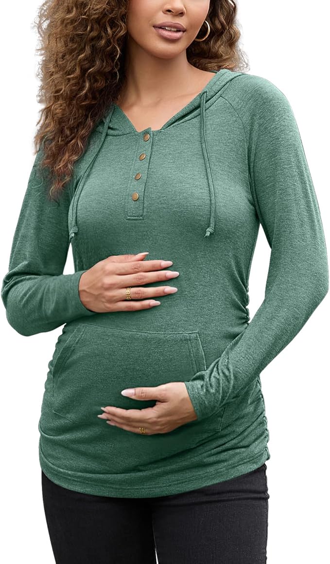 Bhome Maternity Hoodies Button Front Drawstring Hooded Shirt Long Sleeve Pullover Lightweight Sweatshirt with Kangaroo Pocket