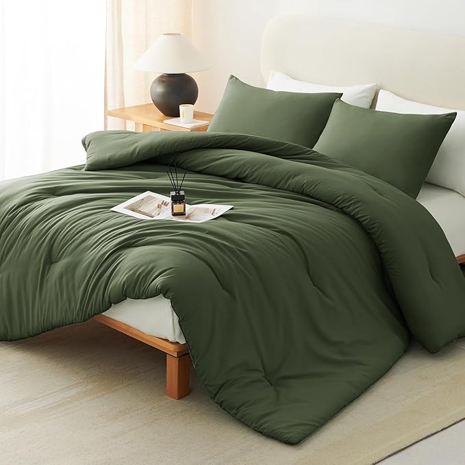 CozyLux Oversized Queen Comforter Set Olive Green, 3 Pieces 98x98 Solid Breathable Quilted Style Bedding Sets All Season, Luxury Soft Down Alternative Comforter Bed Set (1 Comforter & 2 Pillowcases)