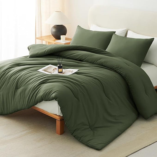 CozyLux Oversized King Comforter Set Olive Green, 3 Pieces 120x98 Solid Breathable Quilted Style Bedding Sets All Season, Luxury Soft Down Alternative Comforter Bed Set (1 Comforter & 2 Pillowcases)