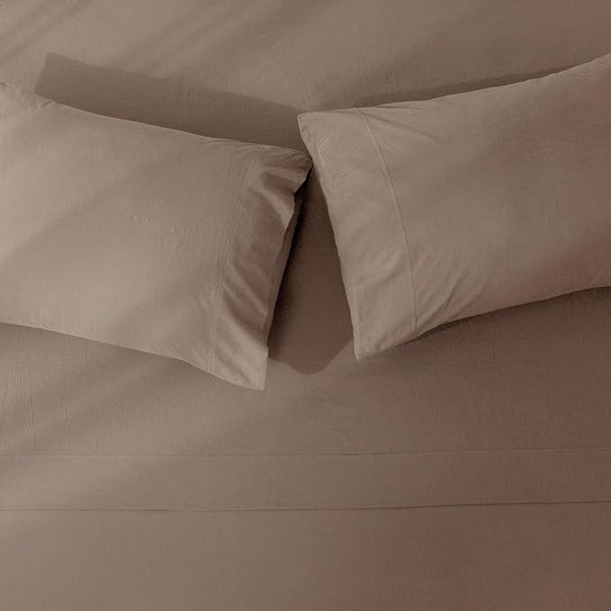 JIYUAN 100% Washed Cotton Sheet Set 3 Pieces Twin,1 Fitted Sheet,1 Flat Sheet and 1 Pillowcase, Comfy and Breathable Linen Like Bedding Set,Light Brown