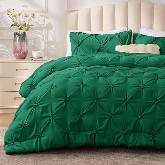 BEDELITE Forest Green Twin Comforter Set - 2 Peices Boho Pintuck Bedding Comforter Sets, Lightweight Soft & Warm Twin Bedding Sets with 1 Pillowcase for All Season