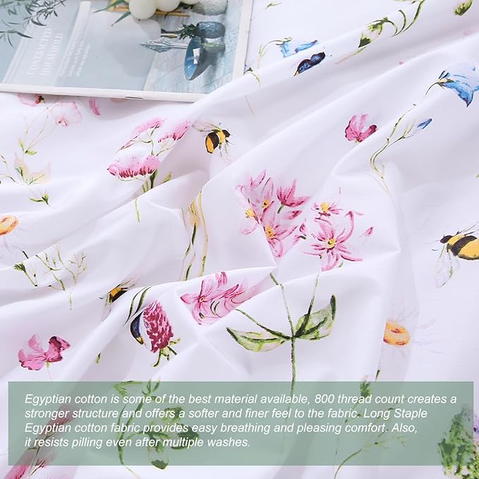 URBONUR Girls Duvet Cover Set Twin Size 3PCS Pink Flowers Cute Animals Bees Printed Bedding Sets for Kids Teen, Soft Wrinkle Fade Resistant Bed Sets for Girls Bedroom Decor