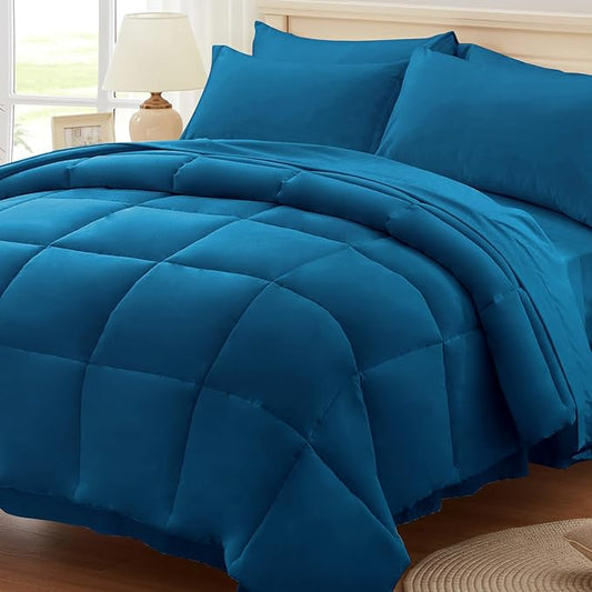 Anluoer Queen Comforter Set 7 Piece, Teal Bed in a Bag with Sheets, Comforters Queen Size Bedding Sets with 1 Comforter, 2 Pillow Shams, 2 Pillowcases, 1 Flat Sheet,1 Fitted Sheet