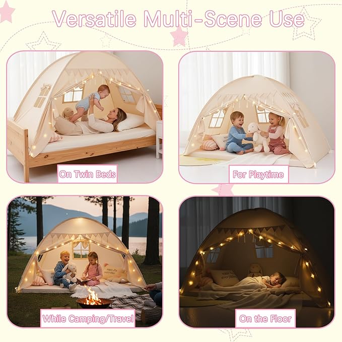 Akiky Bed Tent Bed Canopy Twin Size with Bottom,Kids Tent Indoor Floor with Lights Portable Foldable Bunk Curtains for Girls Boys (Natural, Twin)