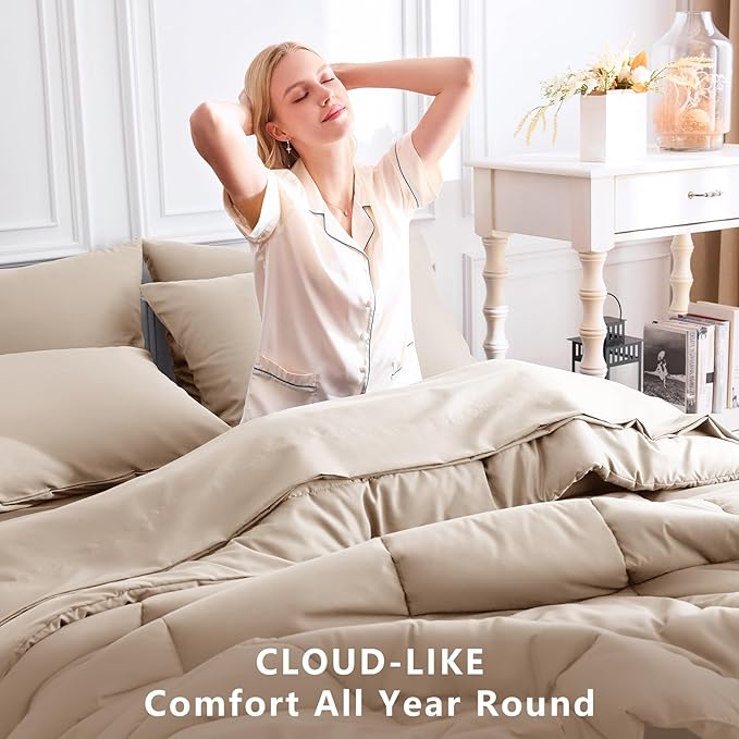 CozyLux Queen Size Comforter Sets Wheat, 7 Pieces Bed in a Bag, Wheat Comforter Queen Size, All Season Bedding Sets with Stitch Quilted Comforter, Flat Sheet, Fitted Sheet, Pillowcases