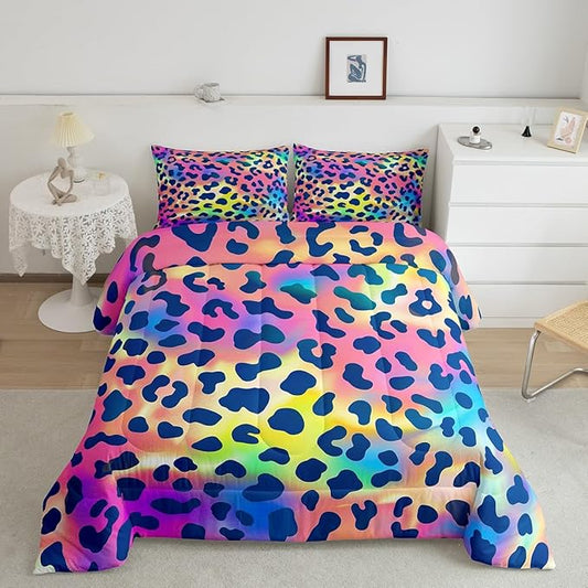 Leopard Print Comforter Set Africa Cheetah Print Bedding Set Rainbow Leopard Design Down Alternative Comforter for All Season for Boys Girls Kids Women Room Decor Safari Animal Duvet Set Queen Size