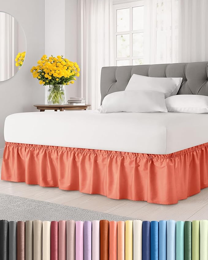 Wrap Around Dust Ruffle Bed Skirt - Coral - Twin/Twin XL Size Beds with 12 Inch Drop - Easy Fit Elastic Strap - Adjustable Pleated Bedskirt w/Brushed Fabric - Wrinkle Free - Women, Men, Kids & Teens