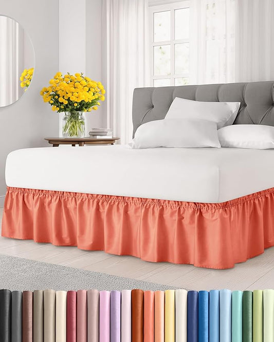 Wrap Around Dust Ruffle Bed Skirt - Coral - for Full Size Beds with 15 Inch Drop - Easy Fit Elastic Strap - Adjustable Pleated Bedskirt w/Brushed Fabric - Wrinkle Free - for Women, Men, Kids & Teens