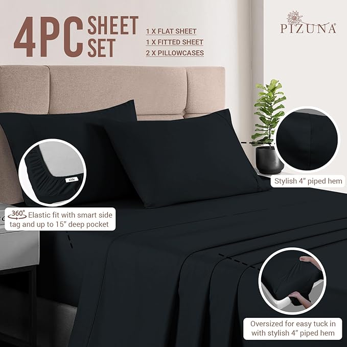 Pizuna Pure 100% Cotton Sheets King Size, Luxurious 400 Thread Count Long Staple Cotton Sateen Sheets with 15" Deep Pocket (Combed Black Sheet King)