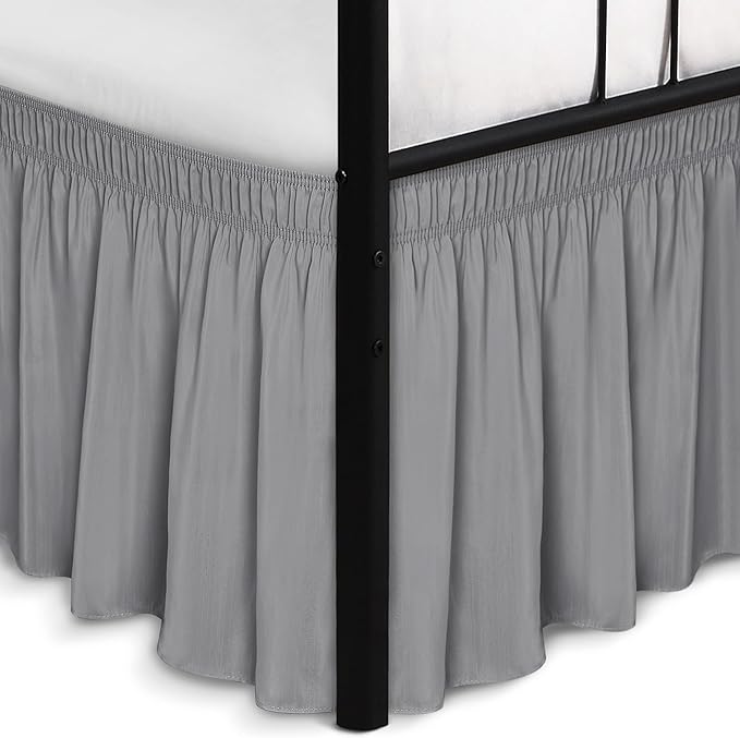 Biscaynebay Wrap Around Bed Skirts with Split Corners for Queen Beds 16" Drop, Silver Grey Elastic Dust Ruffles Adjustable Easy Fit Wrinkle & Fade Resistant Silky Luxurious Fabric Machine Washable