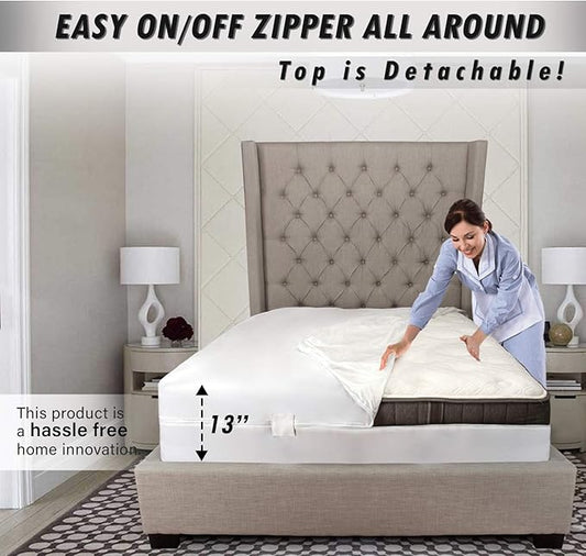 mattress cover queen, deep size pocket mattress protector encasement detachable top, waterproof, easy to install 360˚ zipper, queen size 13" deep