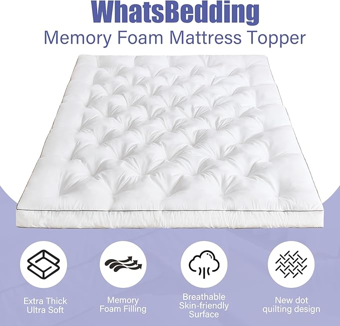 WhatsBedding 4 Inch Memory Foam Mattress Topper Twin for Back Pain Relief, Filled with Breathable Gel Memory Foam, Fluffy Comfort Supportive Pillow Top Mattress Topper, 75x39x4in