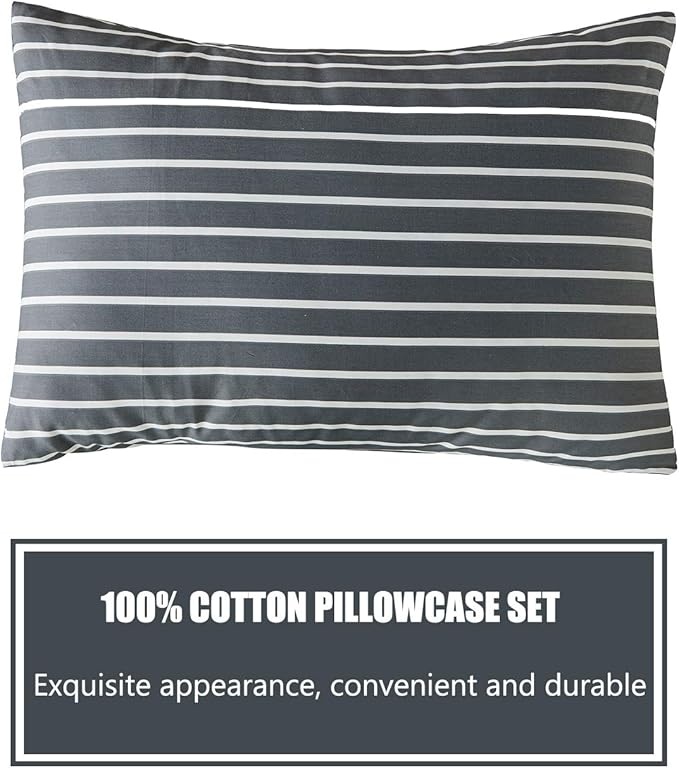 JELLYMONI 100% Natural Cotton 3pcs Striped Duvet Cover Sets, Dark Grey Duvet Cover with White Stripes Pattern Printed Comforter Cover, with Zipper Closure & Corner Ties(King Size)