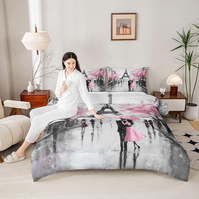 Paris Bedding Set Full Size Pink and Grey Eiffel Tower Comforter Set for Teen Girls Bedroom Decor Watercolor Cherry Blossoms Comforter Retro Couple Valentine's day Gifts Quilt Gray 2 Pillow Cases