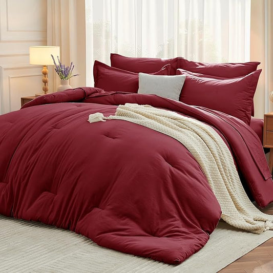 MUXHOMO 7 Pieces California King Comforter Set, Soft Bed in a Bag Cal King Size, All Season Bedding Set with Comforter, Flat Sheet, Fitted Sheet, Pillowcases & Shams, Burgundy Red