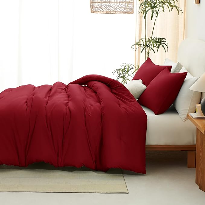 CozyLux Full Size Comforter Set Dark Red, 3 Pieces Solid Breathable Quilted Style Bedding Sets, Luxury Soft Bed Set with Down Alternative Comforter for All Season (1 Comforter & 2 Pillowcases)