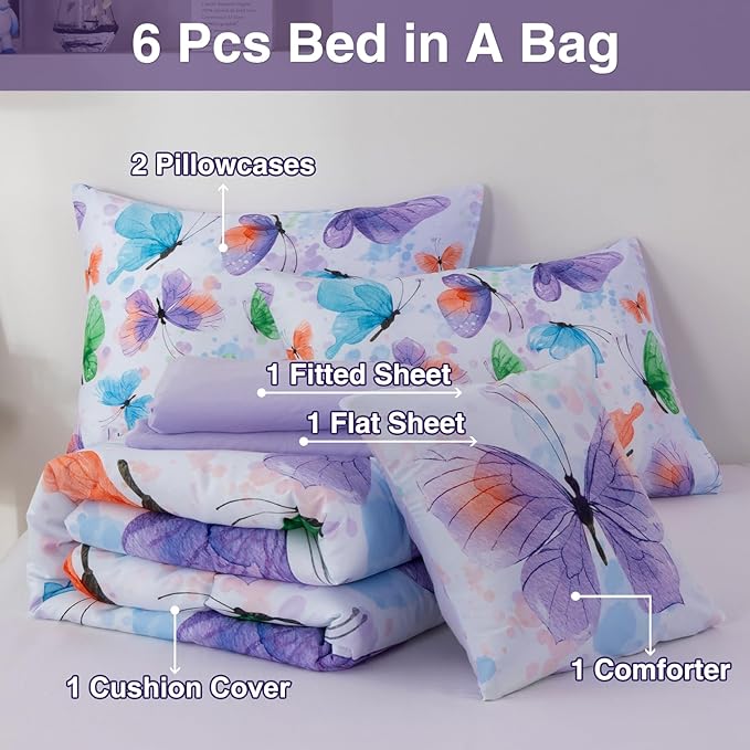 A Nice Night 6pcs Bed in A Bag Watercolor Ink Wash Tie-Dye Butterfly Flying Printed, Butterflies Bedding Comforter Set, Purple Green Queen