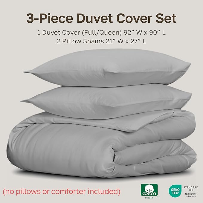 California Design Den 3 Pc Duvet Cover Set Queen Size/Full Size - Winner Good Housekeeping Best Bedding Awards 2025, 400 Thread Count Sateen, 100% Cotton, Button Closure, Corner Ties - Light Grey