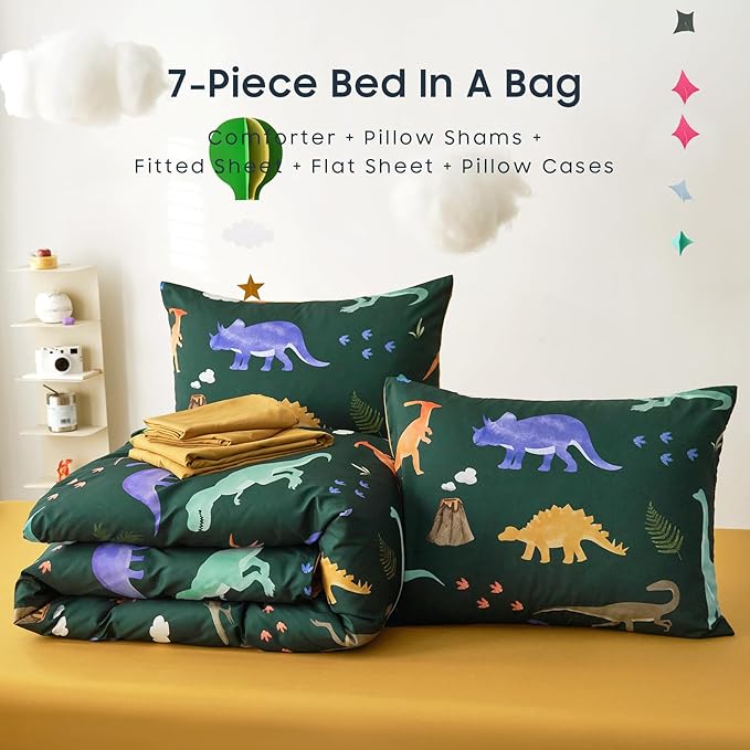Wake In Cloud - Dinosaur Bedding Set for Boys, Cute Colorful Dinosaur Soft Lightweight Comforter Set with Sheets, 7 Pieces Kids Bed in a Bag, Dark Green, Full Size