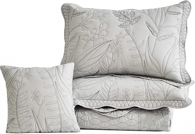 Botanical Oversized Bedspread King Size - Leaves Pattern Stitching Quilt Set - Elegant & Fresh Style Bedding Coverlets, Reversible, Lightweight, 5 Piece, Grey