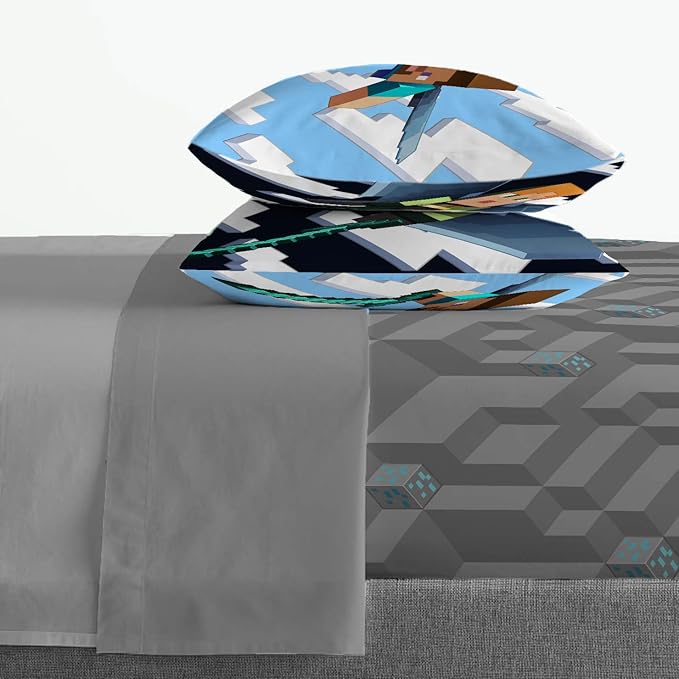 Jay Franco Minecraft Daytime 7 Piece Queen Bed Set - Includes Comforter & Sheet Set - Bedding Features Alex and Steve - Super Soft Fade Resistant Microfiber - (Official Minecraft Product)