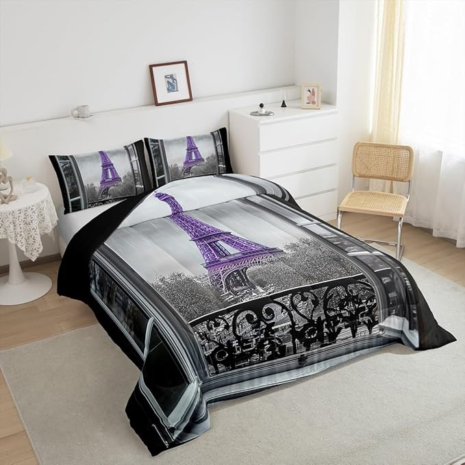 Erosebridal Purple Eiffel Tower Comforter Set Twin,Vintage France Paris Bedding Set for Girls Boys Teens Women Retro City Building Down Comforter Romantic Rainy Day Quilt Pillow Case Bedroom Decor