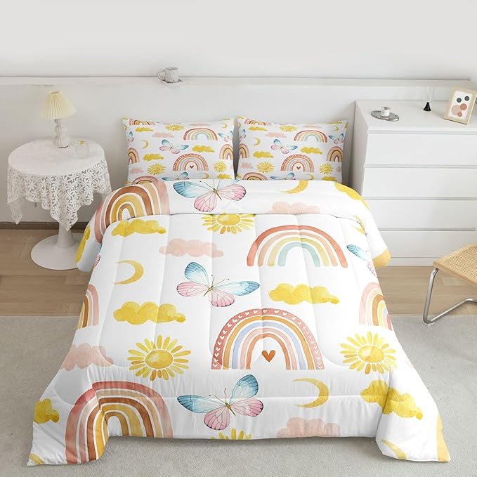 Rainbow Comforter Set Full Size, Girls Butterfly Bedding Sets, Cartoon Rainbow Quilt Sets, Colorful Sun Clouds Comforters, Iridescent Print Down Comforter, Geometric Stripes Soft Lightweight Bedding