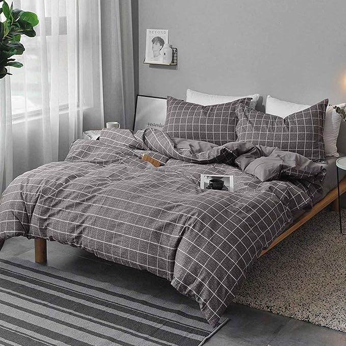 Nanko Queen Duvet Cover Set Gray, 3 Pieces 1200 TC Luxury Microfiber Down Comforter Quilt Bedding Cover with Zipper Closure, Ties - Organic Modern Style for Men and Women, Plaid