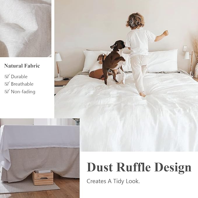 Simple&Opulence Belgian Linen Bed Skirt with Classic 14 inch Tailored Drop Dust Ruffle, Easy Fit Breathable Premium Natural Flax- Basic Linen, California King