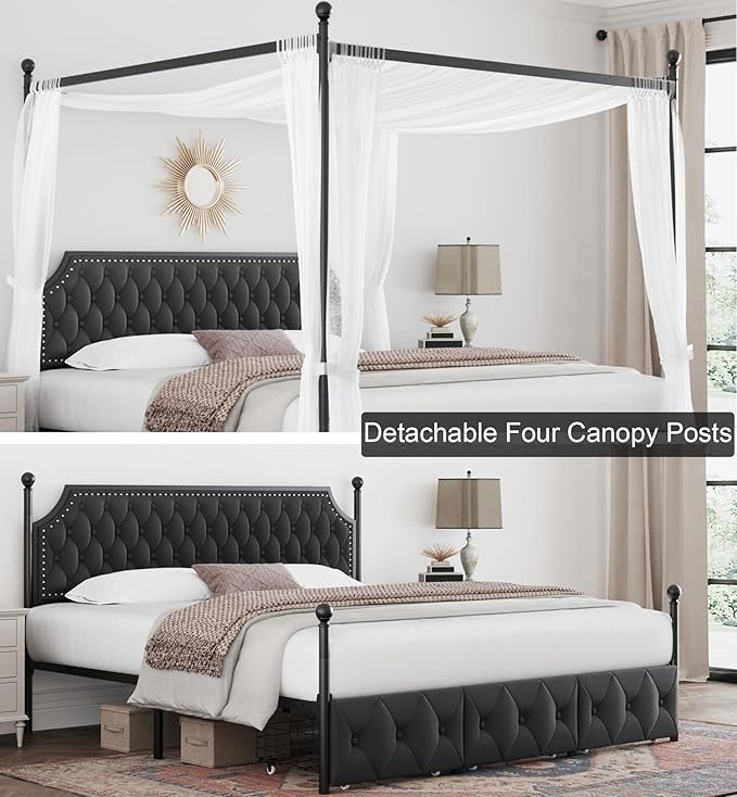 Keyluv King Upholstered Canopy Bed Frame with 3 Drawers and Button Tufted Headboard Metal Platform Bed with 4 Removable Posts Two-Purpose Velvet Bed No Box Spring Needed Dark Grey/Curtain Not Included