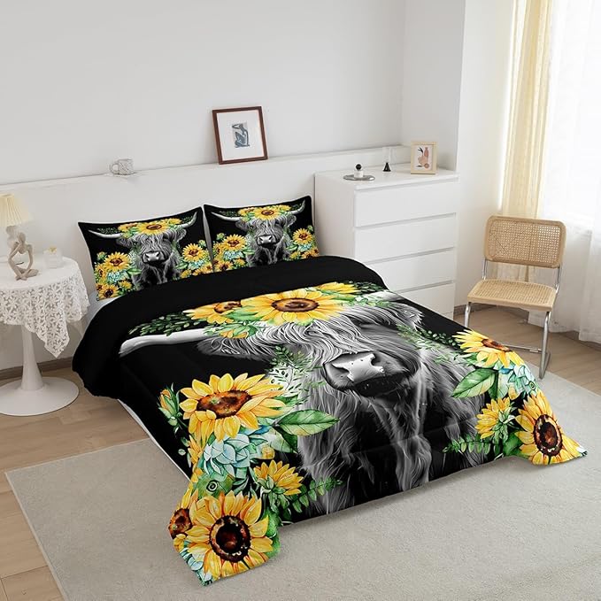 Feelyou Highland Cow Bedding Set Kids Sunflower Floral Western Cow Bull Comforter Set for Girls Teens Farmhouse Wildlife Animal Comforter Black Duvet Set Room Decor Quilt Set Full Size