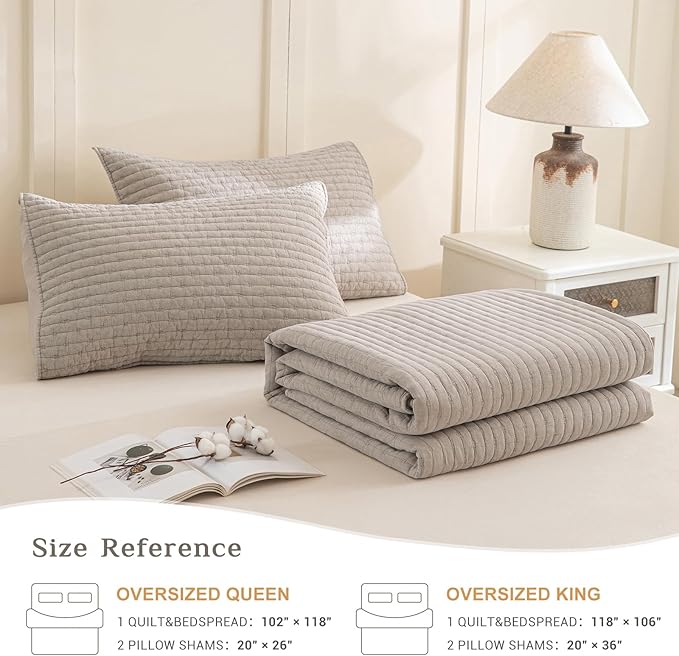 CozyTide Oversized King Bedspread 118"x106",Stone-Washed Cotton Oversized King Quilt,Linen Colored Soft Lightweight Boho Extra Large California King Bedspread & Coverlet Bedding Sets 3 Pieces