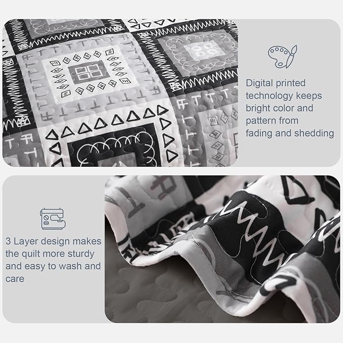 Exclusivo Mezcla Reversible Boho Quilts Twin Size, Black Bedspreads Lightweight Coverlet All Season Patchwork Quilt Bedding Set with Printed Floral Pattern (1 Quilt, 1 Pillow Sham)
