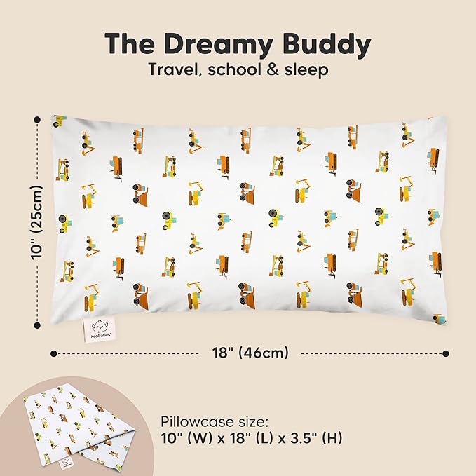 Toddler Pillow with Pillowcase - 10x18 My Little Dreamy Kids Travel Bed Pillows for Sleeping, Organic Cotton Small Pillowcase, Soft & Breathable, Machine Washable, Toddlers 2-5 years old(Construction)