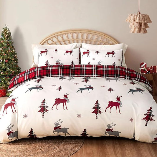 Lekesky Christmas Duvet Cover King Size,3 Pieces Reversible Red Plaid Reindeer Snowflake Holiday Bedding Set with Zipper Closure and Corner Ties(1 Duvet Cover 104x90 inches + 2 Pillowcases)