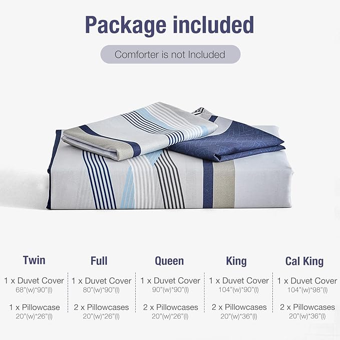Lekesky Boho Duvet Cover Queen, 3 Pieces Blue Striped Duvet Cover Set Soft Bohemian Bedding Aztec Comforter Cover Set Queen Size with Hidden Zipper & Corner Ties (1 Duvet Cover 90x90 inches)