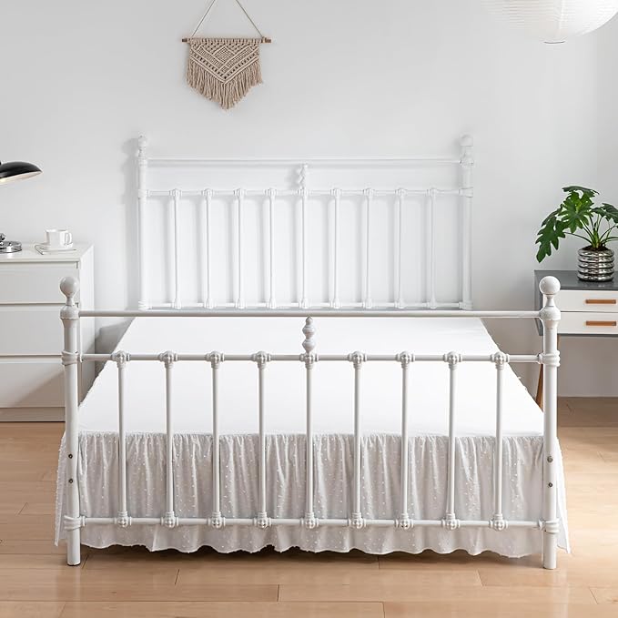 Tufted Dot Bed Skirt Full Size Ruffled Bed Skirt with Split Corners, 16 Inch Drop Dust Ruffle Bed Skirts with Platform, White